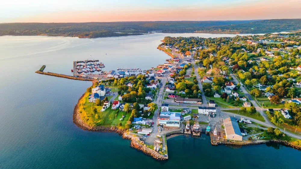 Aerial view of a coastal town featuring a marina with several boats, residential areas with greenery, and a harbor area along the shoreline.